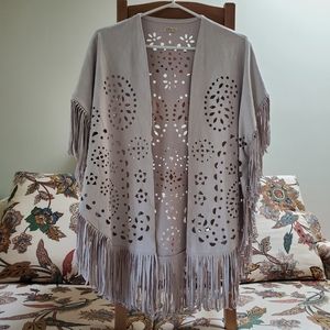 Faux Suede Fringed Wrap Poncho